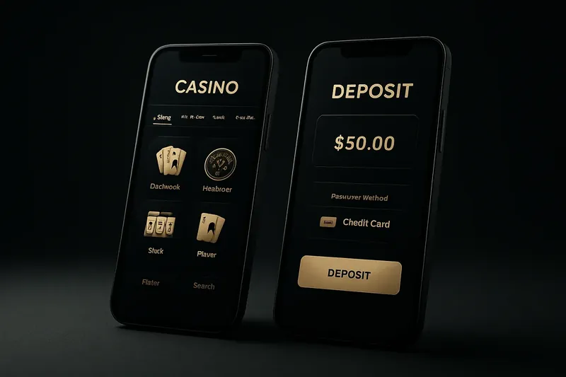 Two smartphones displaying dark casino app lobby and deposit screen
