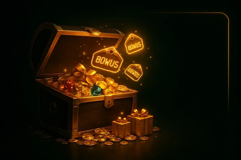 Golden treasure chest bursting with coins, gems, and bonus gifts
