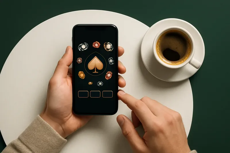 Person at cafe table using dark casino app beside coffee cup