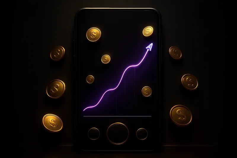 Mobile crash game interface with glowing curve graph and scattered coins