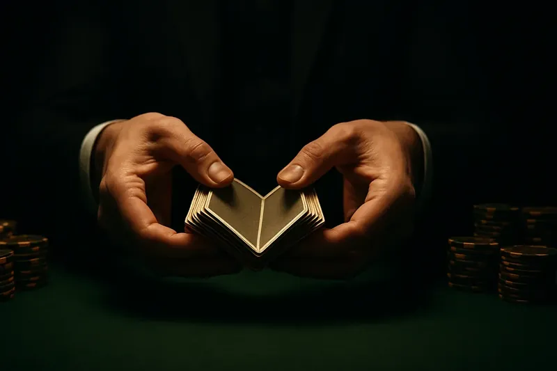 Close-up dealer hands shuffling cards above green felt with premium chips